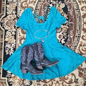 Vintage 90s Turquoise Lace Mini Dress Aqua Western Cowgirl 1990 Vittoria Virini